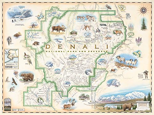 Xplorer Maps Denali National Park Hand-Drawn Map - Authentic 24x18 Vintage-Style Wall Art - Lithographic Print with Soy-Based Inks - Made in USA