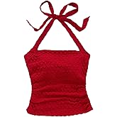 SHENHE Women's Tie Halter Neck Backless Ruched Slim Fit Textured Summer Cute Crop Top