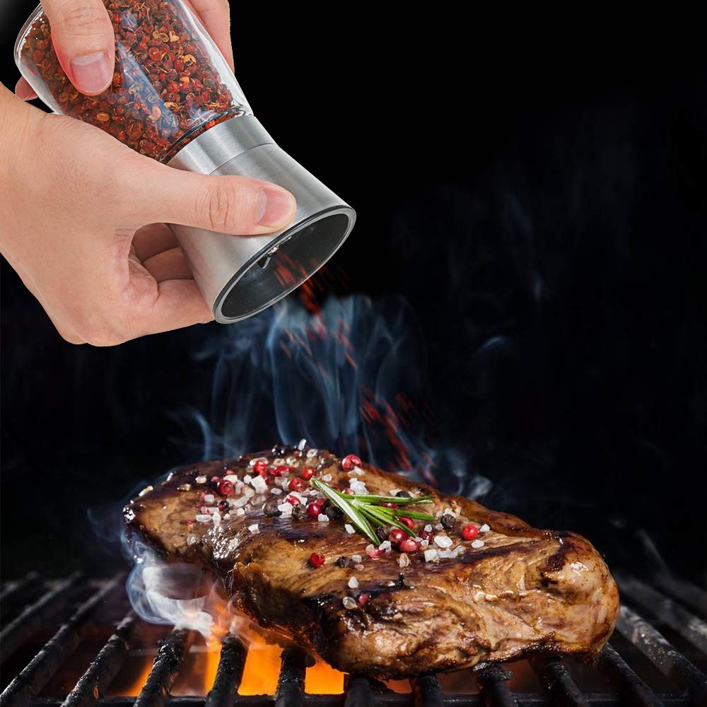 Salz- und Pfeffermühle Set, Henshow 2er Pack Premium Bürste Edelstahl Salz- und Pfeffermühle Set und Glaskörper Salz und Pfefferstreuer mit einstellbarer Keramik Grobigkeit zum Kochen Grillen