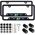 2 Pcs Black License Plate Frames and Same Pattern tire Valve stem caps Compatible with N line Metal Aluminum Material License Plate Covers Screw caps Cover Set