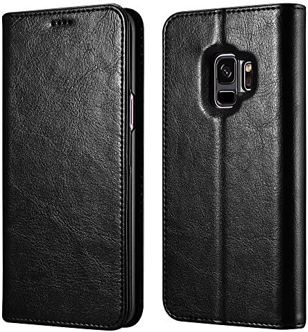 Xoomz Galaxy S9 Wallet Case, Vegan Leather Folio Flip Cover with Kickstand and Credit Card Slots for Samsung S9 (2018) 5.8 Inch (Black)