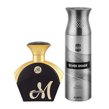 Maryaj M for Her Eau De Parfum Fruity Floral Perfume 90ml for Women and Ajmal Silver Shade Homme Deodorant Citrus Woody Fragrance 200ml for Men + 2 Parfum Testers FREE