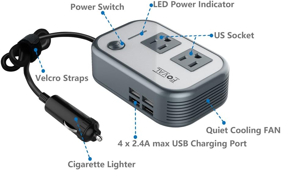 Foval 200W Car Power Inverter DC 12V to 110V AC Converter with 4 USB Ports Charger