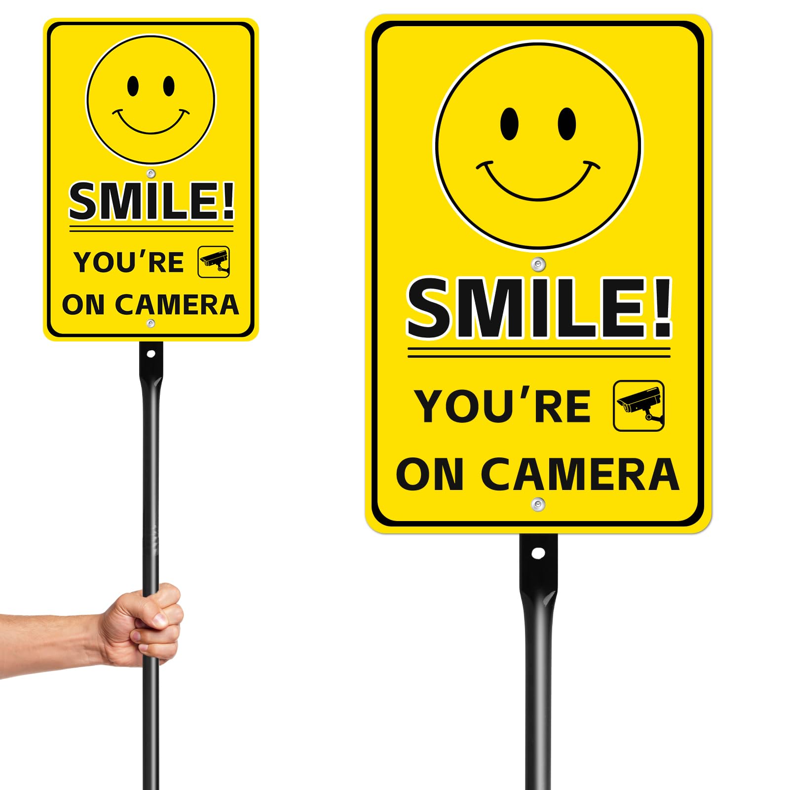 Photo 1 of 14 X 10 Inches Large Smile You're on Camera Video Surveillance Metal Sign with 36 inch Heavy Duty Steel Stake, Camera Aluminum Yard Signs for Home Security, 2 Pre-Drilled Holes, Includes Matching Screws & Wrench