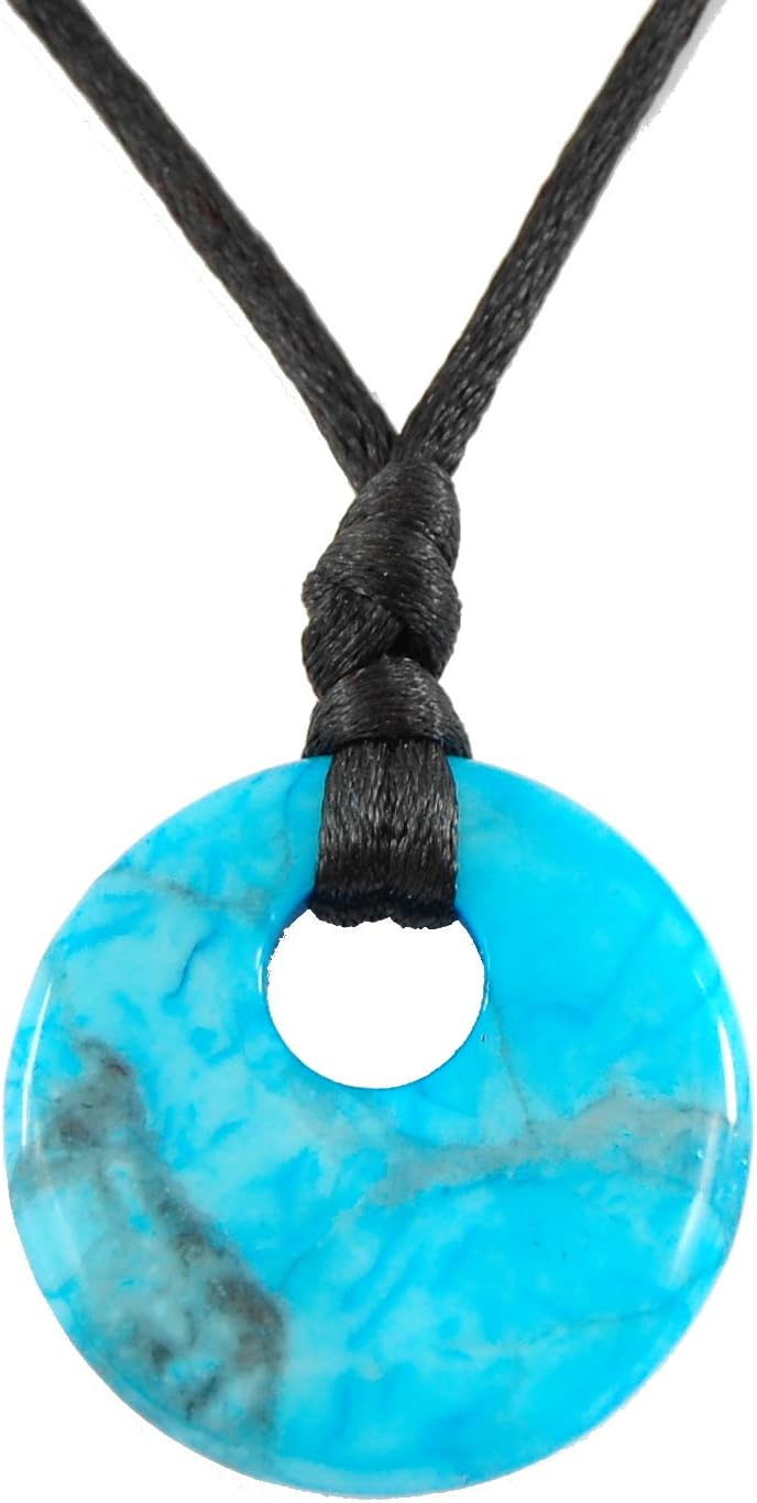 Steampunkers USA Stone Wheelies Donut - 30mm Doughnut Ring Offset Blue Crazy Lace Agate - 20-22 Inch Adjustable Black Cord – Crystal Gemstone Collectibles Carved Necklace Handmade Charm