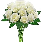 hailanbao White Artificial Roses with Long Stems, 12Pcs Realistic Roses Artificial Flowers, Faux Roses | Bulk Fake Flowers for Home Decor, Wedding Party Table Centerpieces, DIY Bouquet