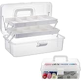 BTSKY 3-Layer Clear Plastic Dividing Storage Box Craft Organizer and Storage with Adjustable Spacers Portable Handled Art Supply Organizer Multipurpose Home Utility Box Sewing Organizers(Beige White)