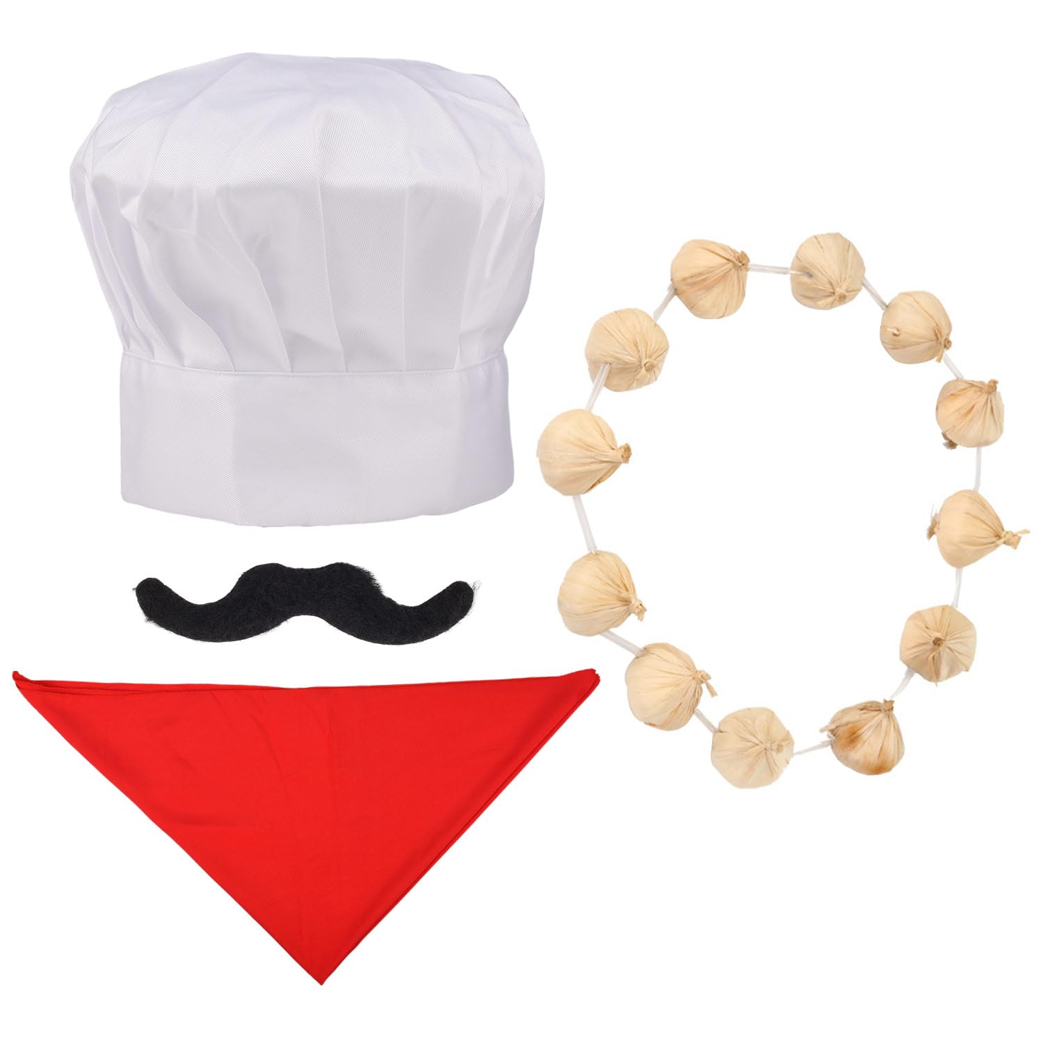 HIXNUG 4Pcs Chef Hat Set Chef Hat Garlic Garland Moustache Tash Bandana Scarf Halloween Costume Accessories for Men Women