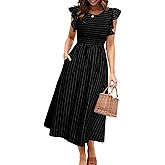 Simplee Womens Striped Midi Summer Dress Smocked Flutter Short Sleeve Dress 2025 Flowy Casual Dress with Pockets