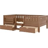 Twin Size Montessori Bed with Bookshelf, 2 Drawers and Stairs, Natural | Low Profile Montessori Bed Frame with 2 Storage Drawers, Bookcase and Slats, Twin Size Platform Beds Frame for Kids