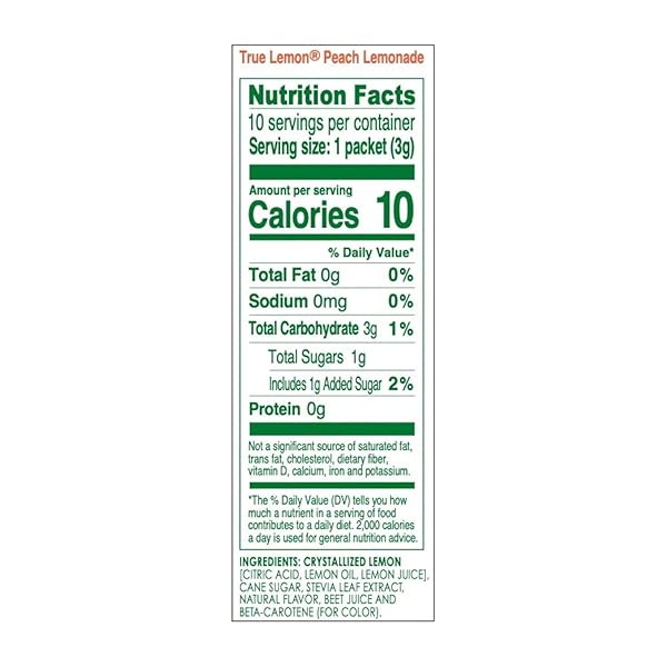 TRUE LEMON PEACH LEMONADE 10CT (PACK OF 1) – DRINK MIX – NO ARTIFICIAL SWEETENERS, LOW CALORIE – POWDERED DRINK MIXES & FLAVORS – WATER FLAVOR PACKETS & WATER ENHANCER WITH STEVIA