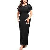 ZOMVA Plus Size Elegant Dress Leaf Lace Short Ruffle Sleeve Crew Neck Fitted Maxi Dresses Wedding Guest Cocktail Casual