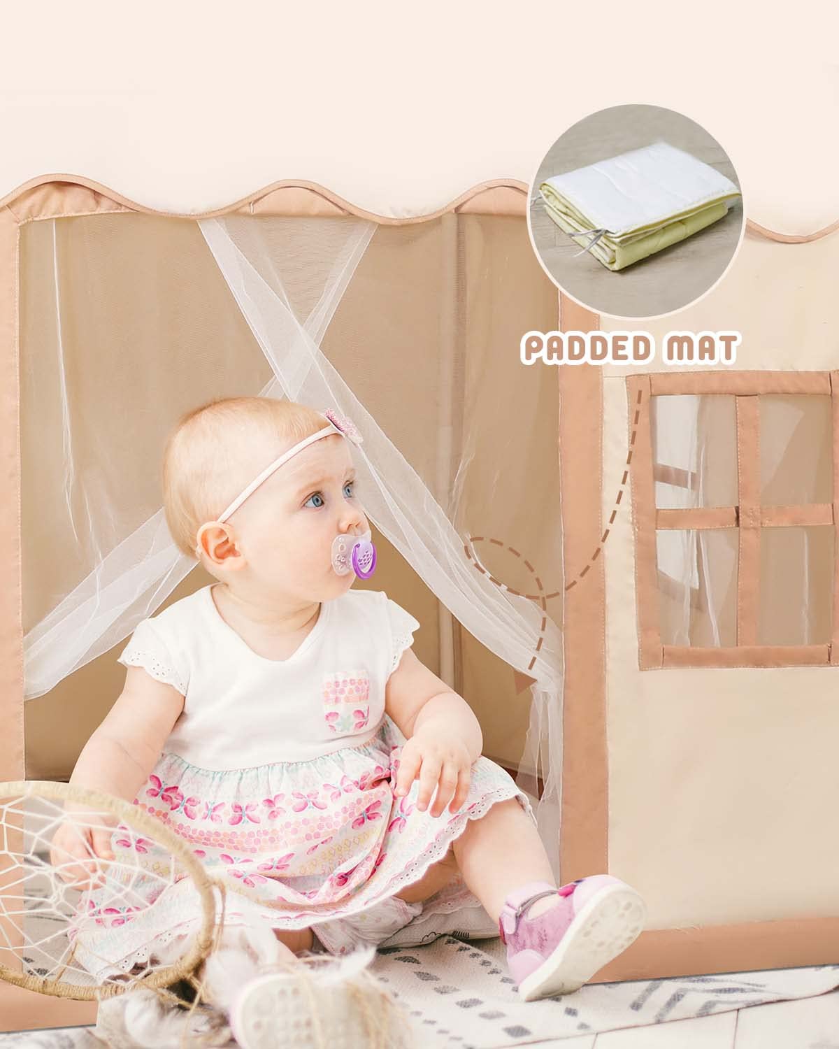 Cercoveu play tent with Mat for Toddler, kids, indoor playhouse with Star Light and Windows for Girl & Boy Ages 2-8,Washable Foldable,Neutral Color,47