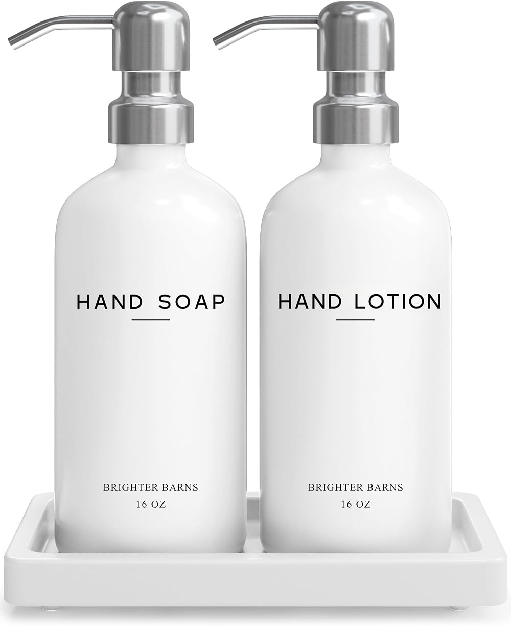Brighter Barns White Glass Soap Lotion Dispenser Set with Tray - Bathroom Sink