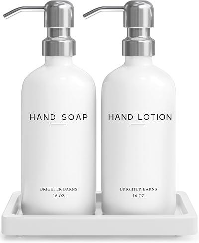 Brighter Barns White Glass Soap Lotion Dispenser Set with Tray - Bathroom Sink