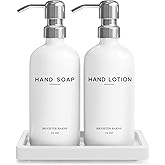 White Glass Soap and Lotion Dispenser Set by Brighter Barns - Bathroom Soap Dispenser Set Tray - Liquid Hand Soap Dispenser Pump - Modern Bathroom Accessories for Guest, Hotel, Spa, Restaurant (White)