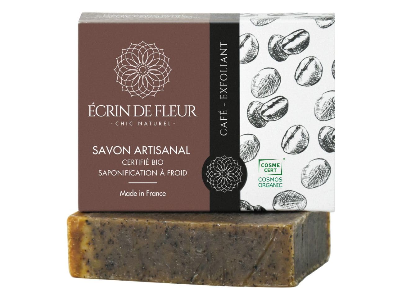Écrin de Fleur – Organic Coffee Exfoliating Soap for Blemish-Prone Skin, Handmade in France, COSMOS Certified, Palm Oil Free, 90g