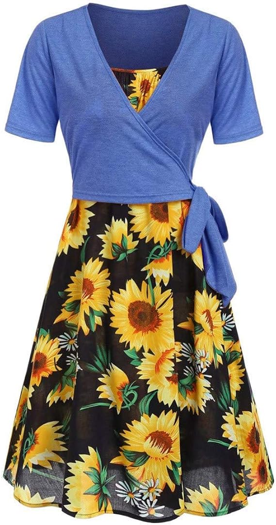 Amazon Huyb レディース 夏 洋服 2点セット ファッション 女性 夏 ストラップ ひまわりプリントドレス ネクタイストラップ カーディガン 結婚式 披露宴 発表会 夏服 ワンピース 可愛い ドレス ワンピース チュニック 通販