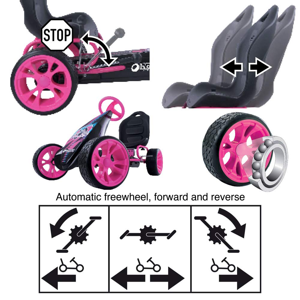 Hauck Sirocco - Racing Go Kart | Pedal Car | Low profile rubber tires | Pedal power auto-clutch free-ride | Adjustable seat - Pink, Large