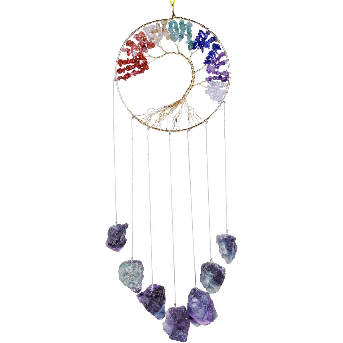 Nupuyai Handmade Raw Stones Wind Chime Tree of Life Gemstones Garden Decoration 7 Chakras Healing Crystals Hanging Ornament Room Decoration Fluorite Stone