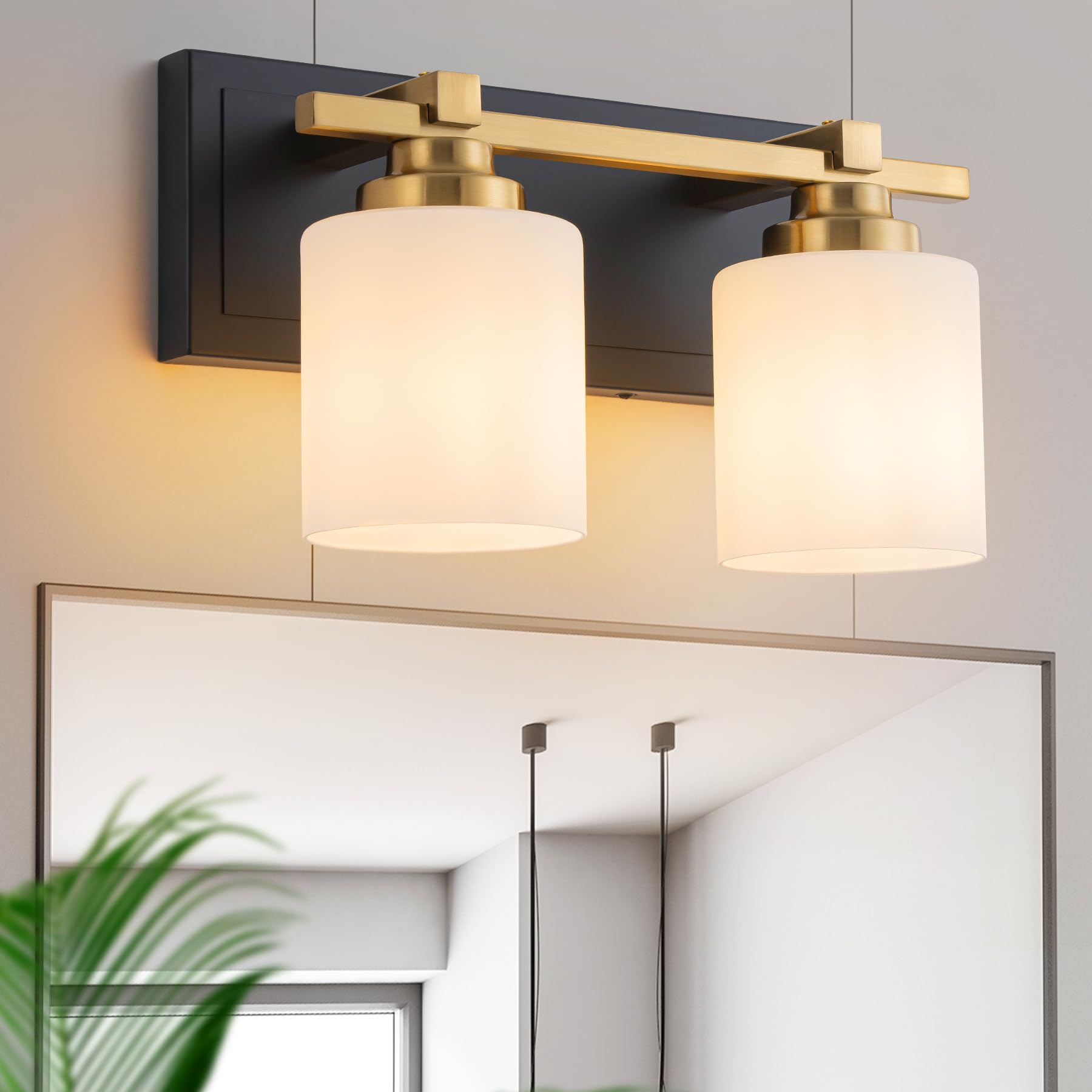 Photo 1 of (UNTESTED) BrkNit 2 Light Modern Bathroom Light Fixtures Over Mirror, Black Gold Vanity Lights for Bathroom Wall Sconces with Milky White Glass Shades, E26 Socket (Bulbs Not Included)