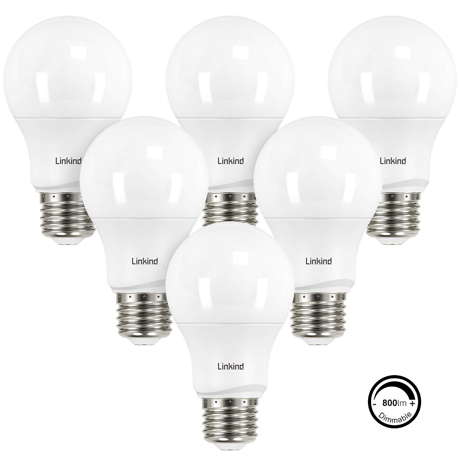 Linkind Dimmable A19 LED Light Bulbs, 60W Equivalent, E26 Base, 5000K Daylight, 9.5W 800 Lumens 120V, UL Listed FCC Certified, Energy Star, Pack of 6