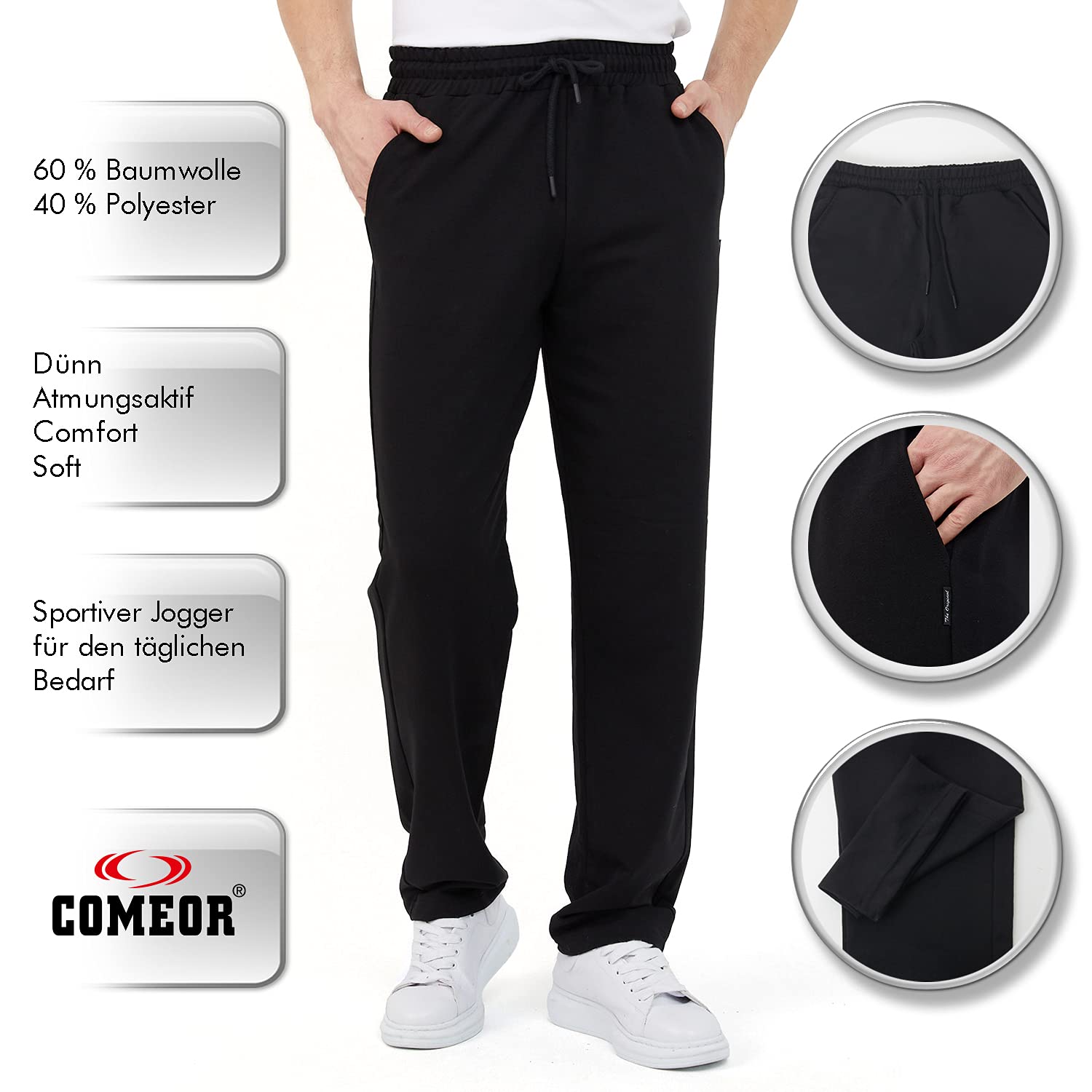 COMEOR Tracksuit Bottoms, Cotton, Men’s Long Sports Trousers, Jogger, Training Trousers, Men’s Relaxing Trousers