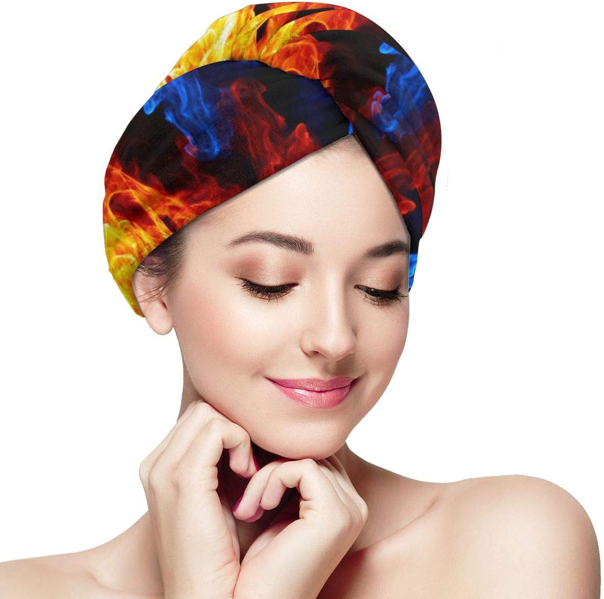 Hair Towel Wrap Turban Red And Blue Flames Microfiber Hair Drying Bath Shower Head Towel with Buttons, Quick Dry Super Absorbent for Long Wet & Curly Hair for Women Girls