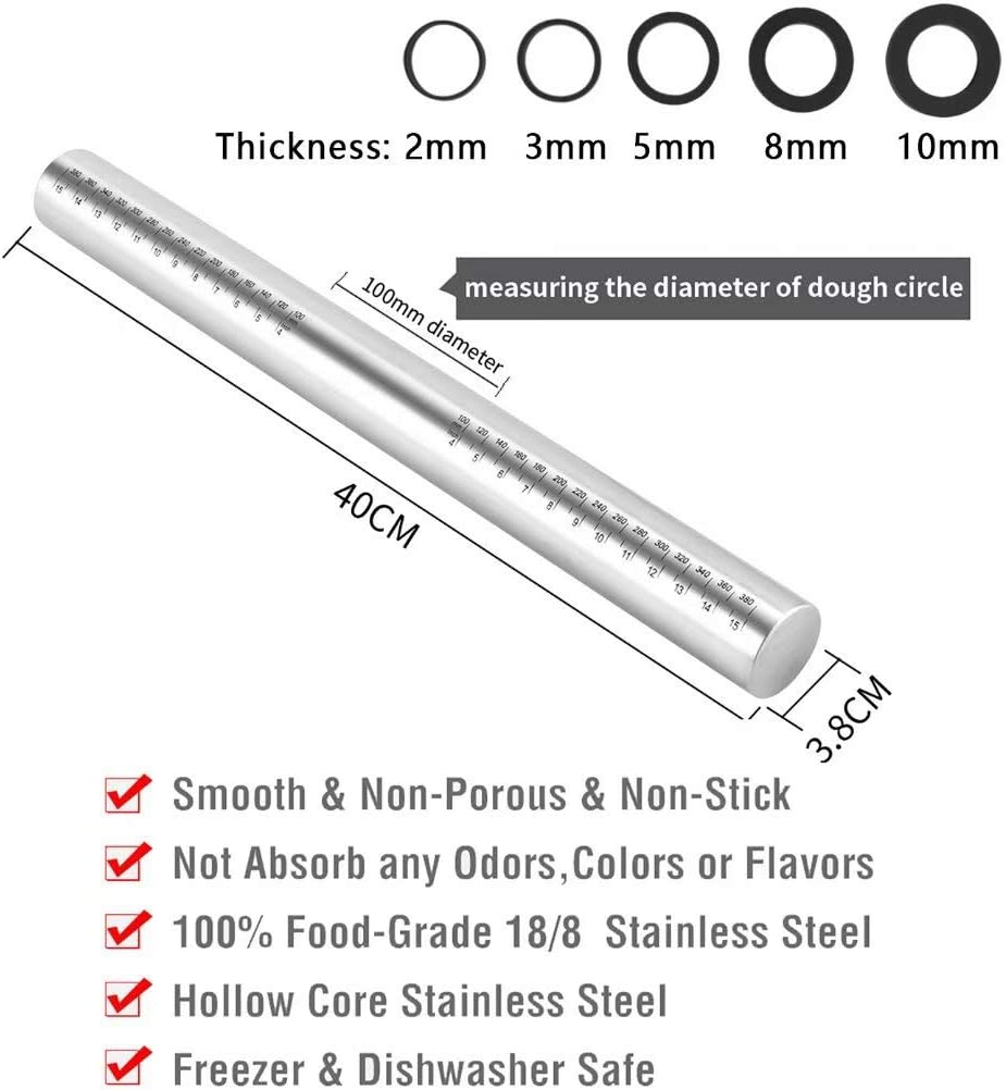 Adjustable Rolling Pin with Thickness Rings for Baking -Non Stick Stainless Steel Dough Roller Pin with Bands for Cookie, Wood, Wooden and Bread(15.8 '', Grey): Kitchen & Dining