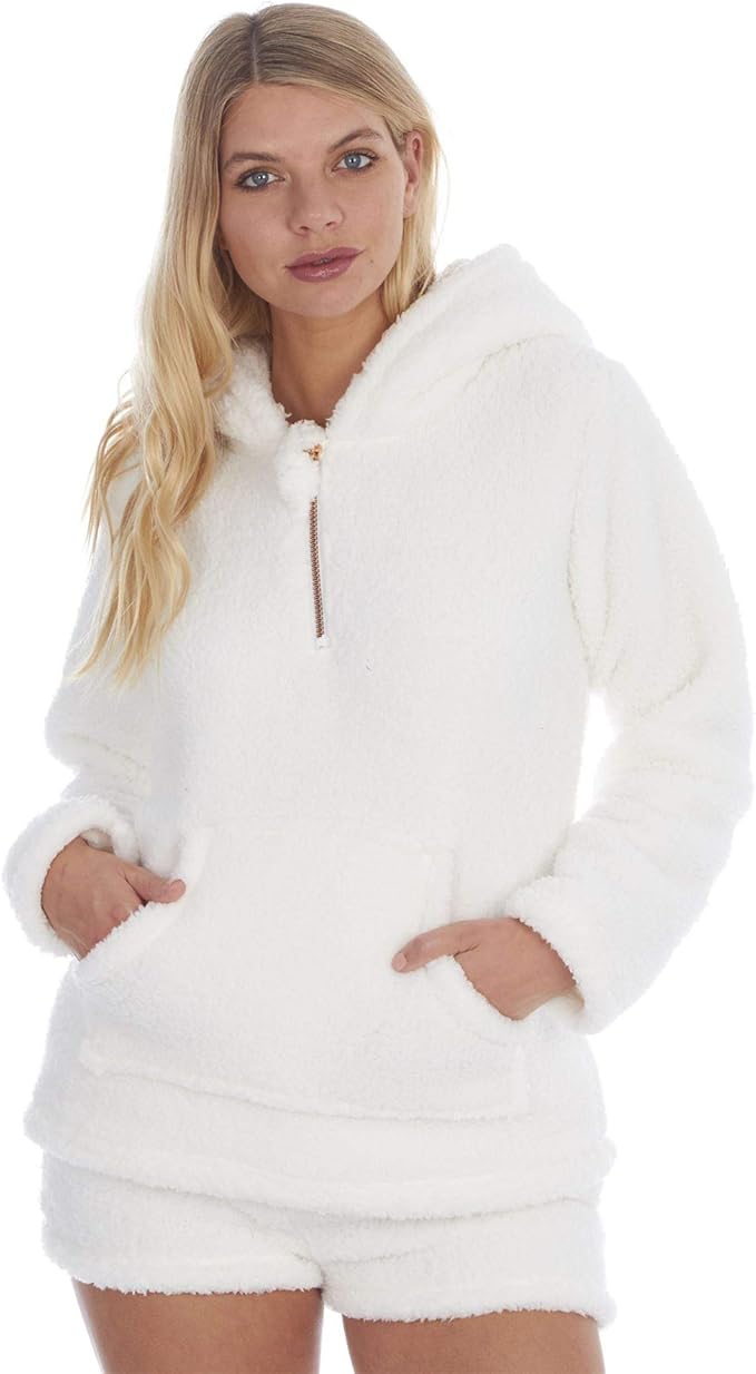 Ladies Soft Thick Sherpa Fleece Hoodie Hooded Lounge Jumper