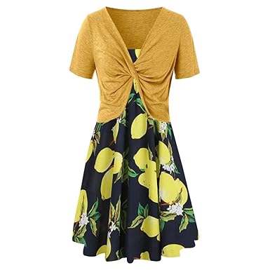 CUTUDE Damen Kleider Röcke Kurzarm Sommerkleide Frauen Sommer Frische Zitrone Print Kleid Sling Pullover Zweiteiliges Set