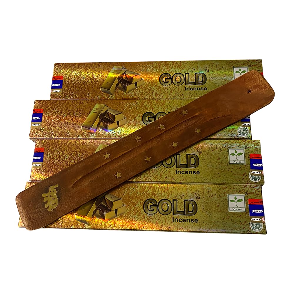 VIE Satya Incense Sticks, 4 Packs x 15g, with Incense Holder, Gold
