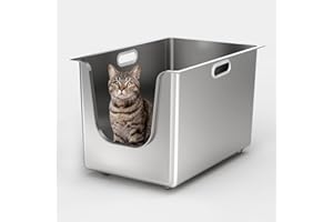 PTFFF Stainless Steel Litter Box 13.7'' High Sides, XL Metal Cat Litter Box with Curved Low Entry, Cat Litter Pan for Big & Multiple Cats, Pet Toliet with Handy Wheels for Easy Moving