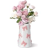 Chunful Embossed Pink Bow Ceramic Vase for Home Decor 7.1 Inch Cute Coquette Gifts for Women Girls Modern Decorative Bouquet Flower White Vases for Living Room Table Decor