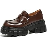 BEAU TODAY Platform Leather Loafers for Women, Chunky Lug Sole Loafers Women, Comfortable Slip-on Business Casual Non-Slip Round Toe Office Ladies Dress Shoes