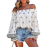 CHICME Women’s Boho Off The Shoulder Linen Blouse Long Lantern Sleeve Shirred Smocked Neck Frill Hem Vacation Clothes