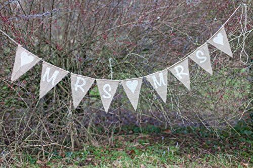 MRS & MRS With Hearts Bunting - Vintage Handmade Wedding Decoration Burlap / Hessian Bunting Shabby Chic Rustic Banner