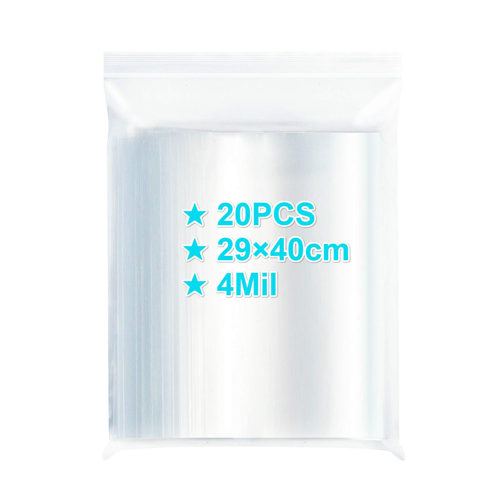 Large Resealable Ziplock Bags 29×40cm, 20PCS, 4 Mil Extra Thick Clear Plastic Grip Seal Bags with Lock Seal Zipper, Storage Pouches for Clothing T-Shirt Photo Freezer Packaging