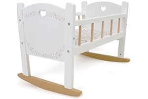 509 Crew: Little Flora - Wooden Doll Cradle - Flower-White-Pink, Doll Accessory, Smooth Rocking Motion, Mattress & Pillow, Pretend Play Toy, Kids 3+