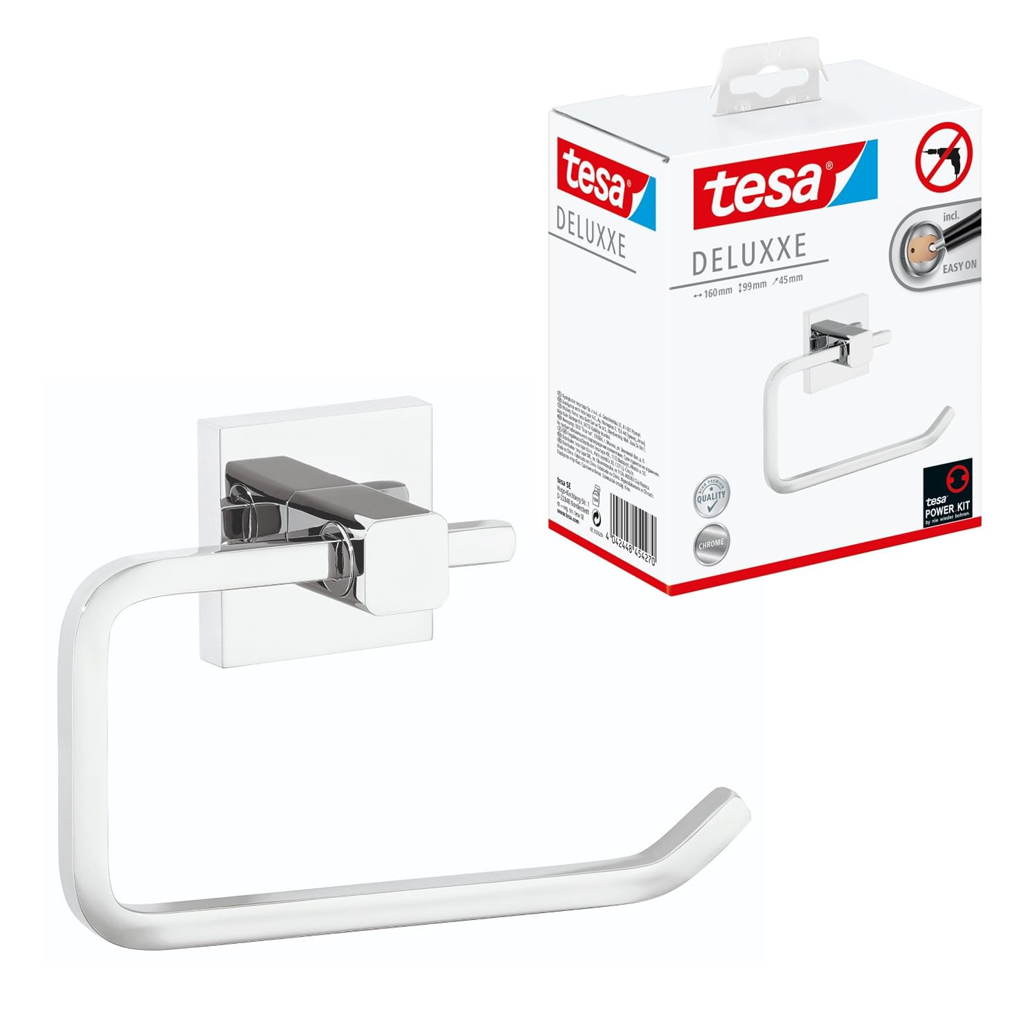 tesa DELUXXE Toilet Roll Holder without Lid - Wall-Mounted Toilet Paper Holder with Power.Kit Technology in Stainless-Steel Design - waterproof, incl. Adhesive Solution - 99mm x 160mm x 45mm