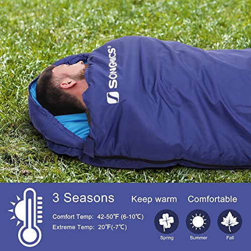 SONGMICS Sleeping Bag with Hood for 20â„‰-50â„‰, Lightweight Portable with Compression Sack, for 3 Season Traveling, Camping, Hiking, Backpacking, Outdoor Activities