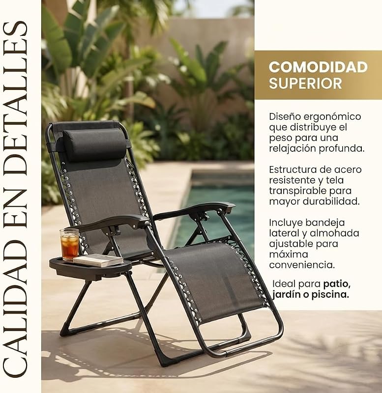 Espreguiçadeira Exterior Dobrável | Apoio para os Pés & Almofada Ajustável | Bandeja lateral de cadeira reclinável para bebidas, telemóvel e livros | para terraço, campismo, praia, piscina (preto) — foto 5 de 6