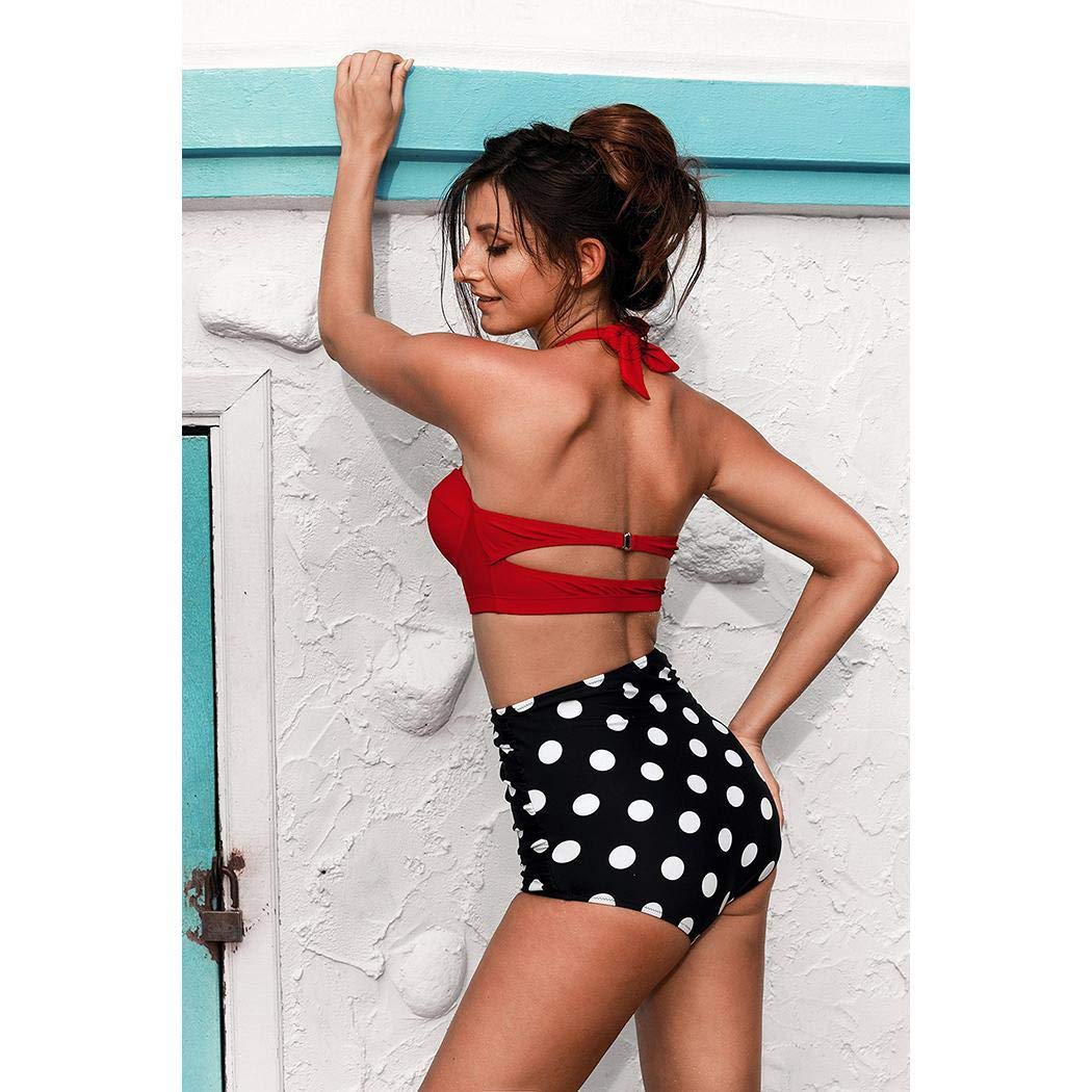 Womens Vintage Halter Two Piece Swimsuits High Waisted Bathing Suits with Underwired Top
