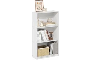 Furinno Basic Book Shelf, 3-Tier Modern Bookshelf, Bookcase with Open Shelves, 9.3 x 21.8 x 39.5, for Living Room, Bedroom, Home Office, White/White