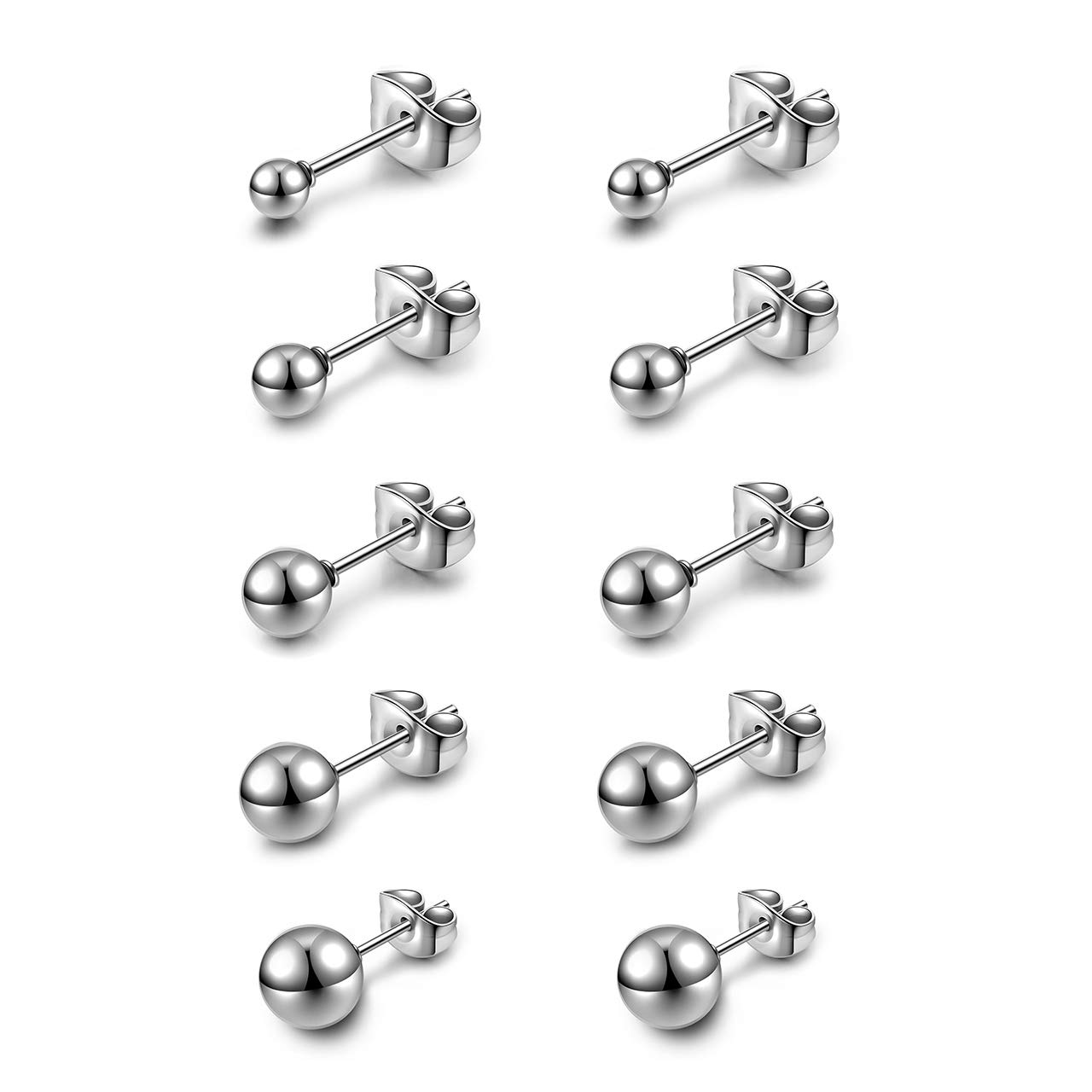 JOVIVI Silver Stud Earrings for Women Girls, 5 Pairs Stainless Steel Round Ball Stud Earrings Set, Hypoallergenic Barbell Earring Ear Studs Men Jewellery,Size: 3, 4, 5, 6, 8mm