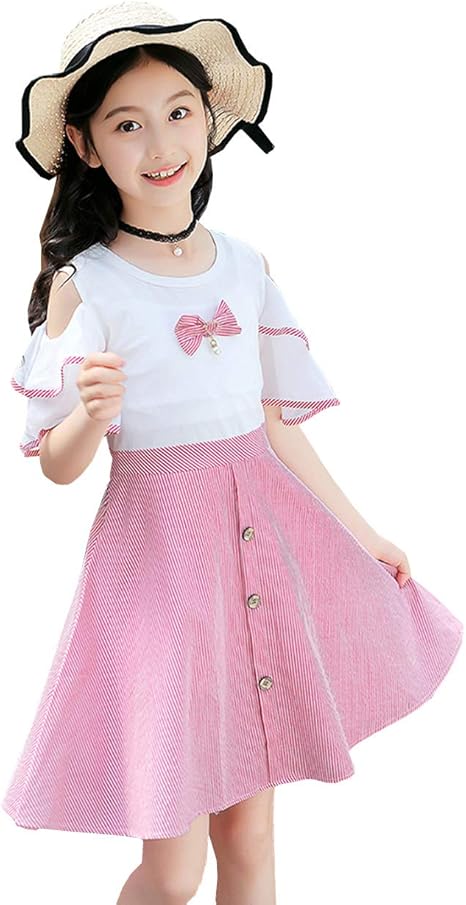 Amazon ワンピース ガールズ 子供服 チュニック オフショルダー フリル キッズ 半袖 肩出し スカート おしゃれ お姫様ドレス プリンセス ジュニア 通学 旅行 普段着 可愛い夏 2色 1 160 ワンピース チュニック 通販
