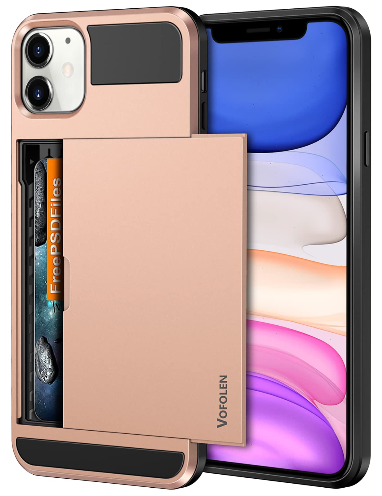 Vofolen Case for iPhone 11 Case Wallet Credit Card Holder ID Slot Sliding Door Hidden Pocket Anti-Scratch Dual Layer Hybrid Bumper Armor Protective Hard Shell Back Cover for iPhone 11 6.1 Rose Gold