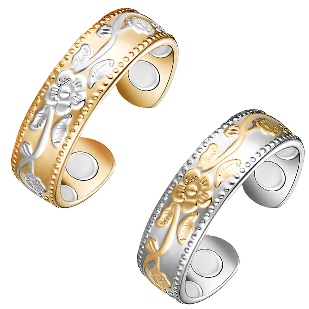 Vicmag 4X Strength Magnetic Copper Rings for Women with 3500 Gauss Magnets 100% Solid Pure Copper Adjustable with Jewelry Gift Box 2PCS (Gold Silver & Silver Gold)