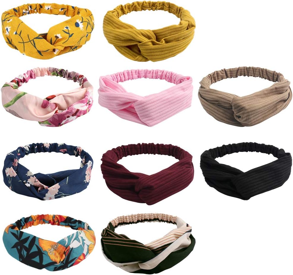 CIEHER 10pcs Boho Headbands for Women Flower Printed Twisted Hair Band Beach Hairbands Knot Headbands for Women a Variety of Styles Colors Headbands for Women Solid Color Headbands for Women