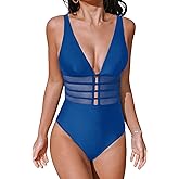 CUPSHE Women's One Piece Swimsuit Tummy Control Bathing Suit Deep V Neck Cut Out Mesh Adjustable Straps